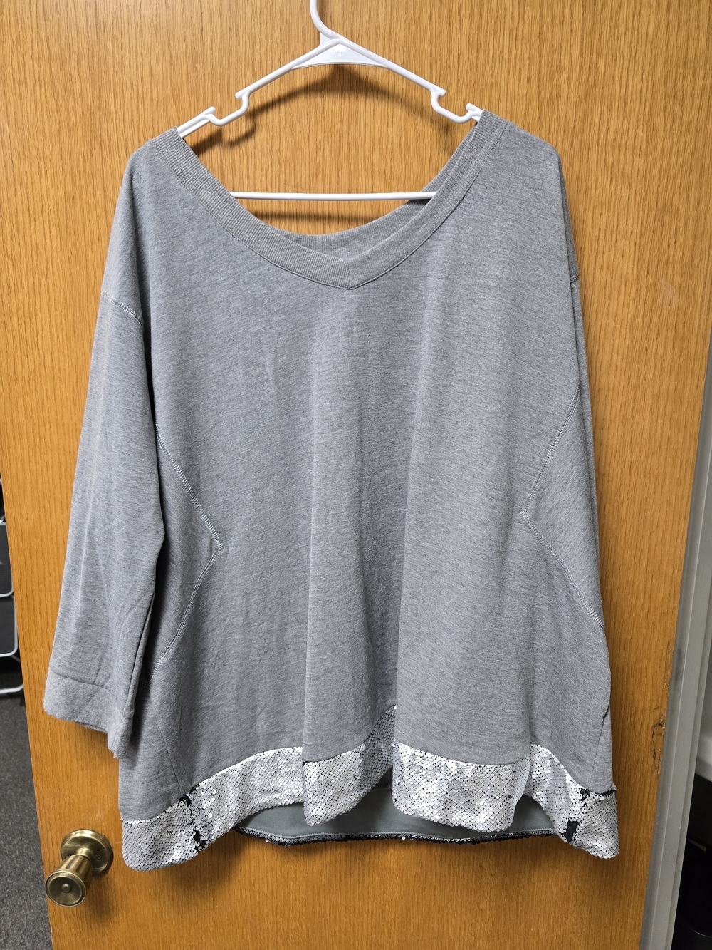 Forever Young Gray V-Neck Sweatshirt with Silver Sequin Trim